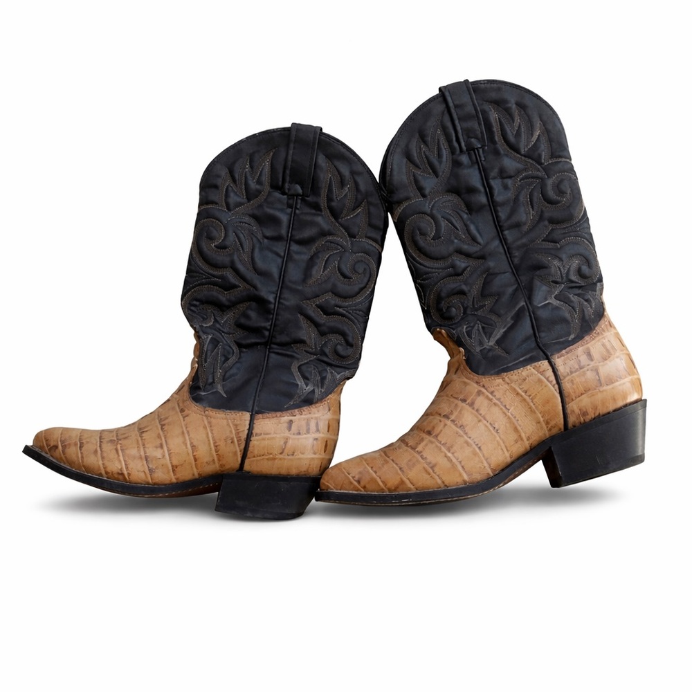 Anderson Bean Genuine Caiman Belly Exotic Cowboy Boots Tan & Black – Size 8D